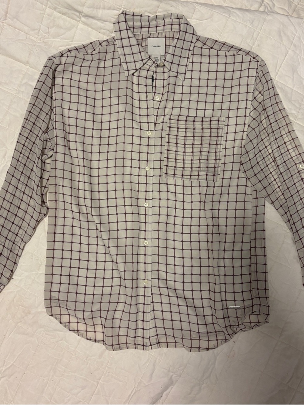 White Button-Down Shirt with Plum Grid